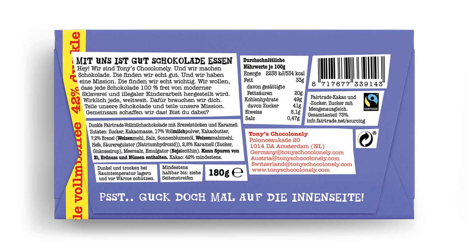Tonys Dunkle Vollmilchschokolade 42% Brezel Toffee